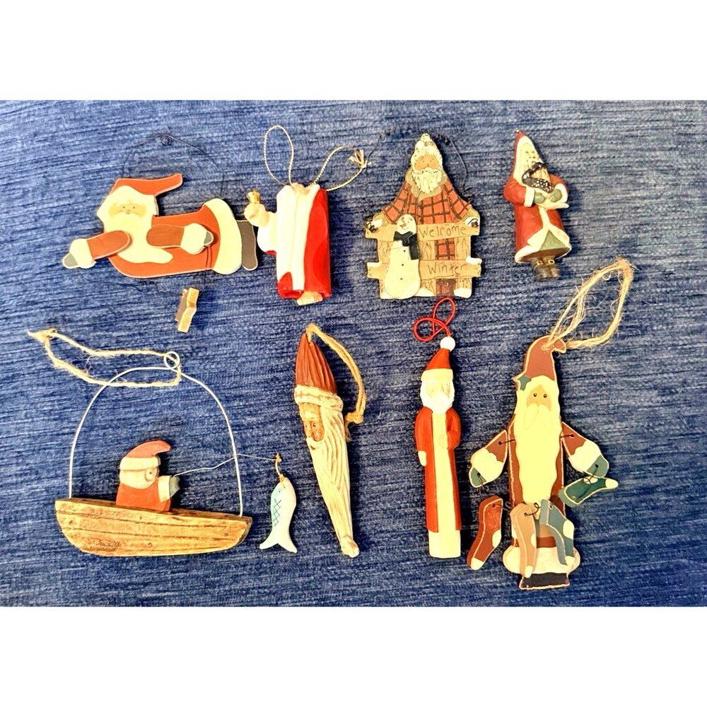 Rustic Wooden Santa Christmas Ornaments Folk Art  Assorted Lot of 8